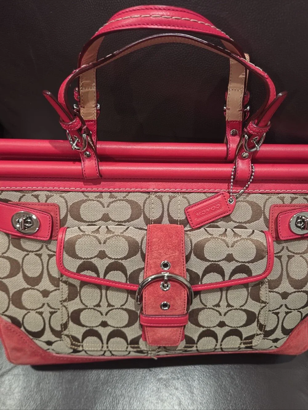 Coach Brown Signature Satchel with Pink Trim